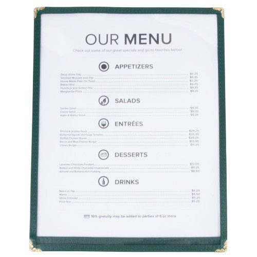 Winco PMC9G 8 1/2" x 11" Single Pocket Menu Cover - Green