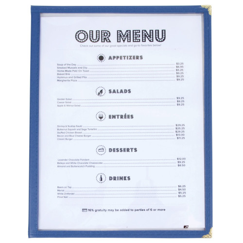 Winco PMCD-9B 8 1/2" x 11" Two Pocket Clear Menu Cover - Blue