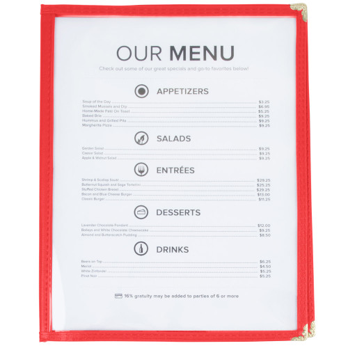 Winco PMCD-9R 8 1/2" x 11" Two Pocket Clear Menu Cover - Red
