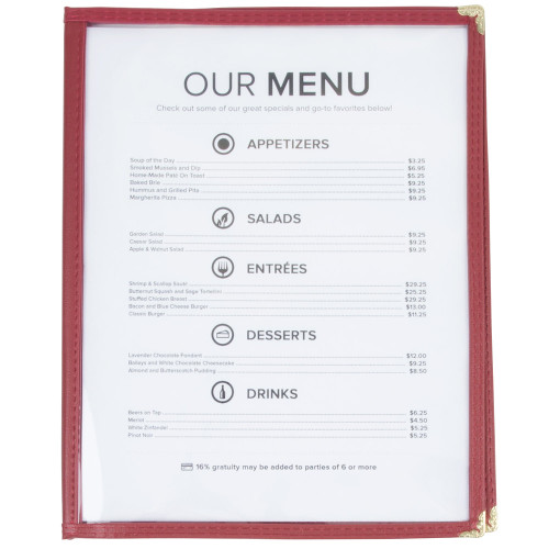 Winco PMCD-9U 8 1/2" x 11" Two Pocket Clear Menu Cover - Burgundy