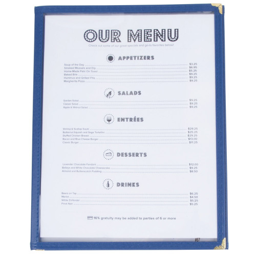 Winco PMCT-9B 8 1/2" x 11" Three Pocket Clear Fold Over Menu Cover - Blue