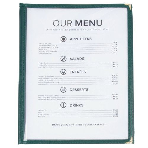 Winco PMCT-9G 8 1/2" x 11" Three Pocket Clear Fold Over Menu Cover - Green