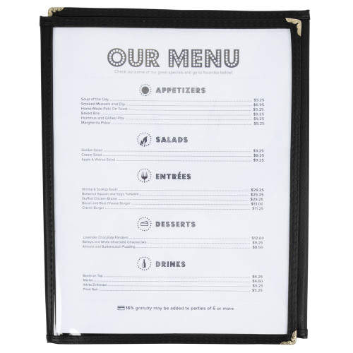 Winco PMCT-9K 8 1/2" x 11" Three Pocket Clear Fold Over Menu Cover - Black