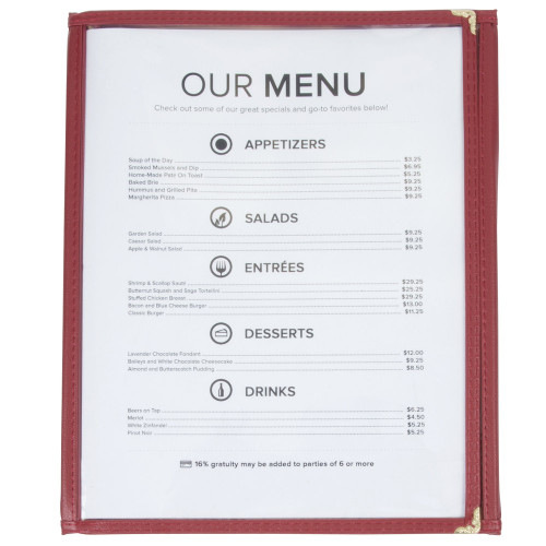 Winco PMCT-9U 8 1/2" x 11" Three Pocket Clear Fold Over Menu Cover - Burgundy