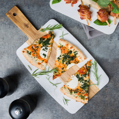 Winco SBMW157 Marble and Acacia Wood Serving Board - 15" x 7 5/16" x 1/2"