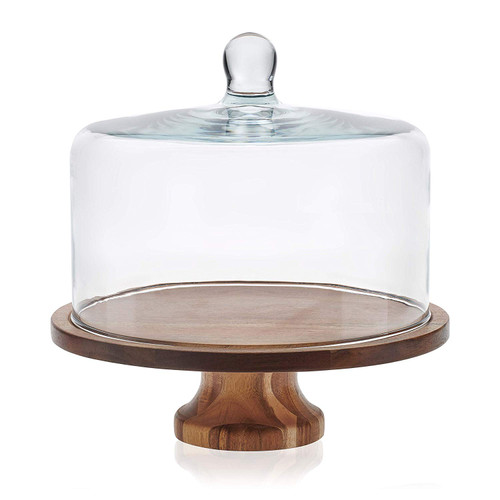 Libbey Acaciawood Footed Round Wood Server Cake Stand with Glass Dome