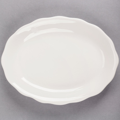 CAC SC-13 11 5/8" x 8 1/2" Ivory (American White) Scalloped Edge Oval Stoneware Platter - 12/Case