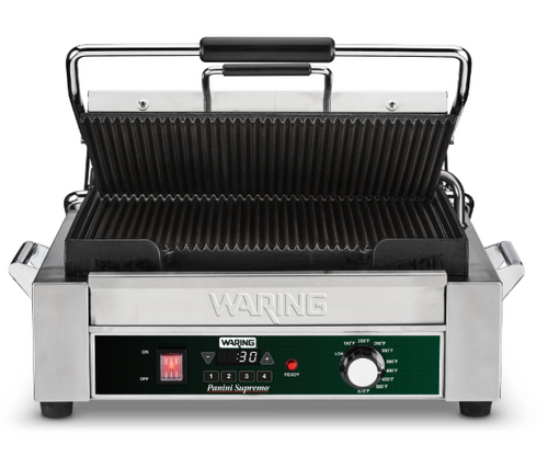 Waring WPG250TX Panini Supremo Grooved Top & Bottom Panini Sandwich Grill with Timer - 14 1/2" x 11" Cooking Surface - 120V, 1,800W