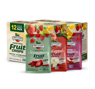 Freeze Dried Fruit Crisps 24-pack with a variety of our most popular dried fruit snack flavors, including Strawberry, Fuji Apple and Strawberries and Bananas
