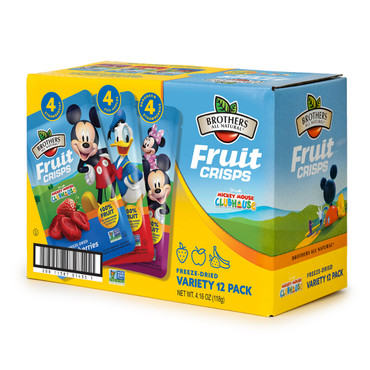 The New Disney Dried Fruit Crisp Variety pack includes 12 single serving packs of Strawberries, Apples and a mixed back of Bananas and Strawberries - all with your favorite Disney characters