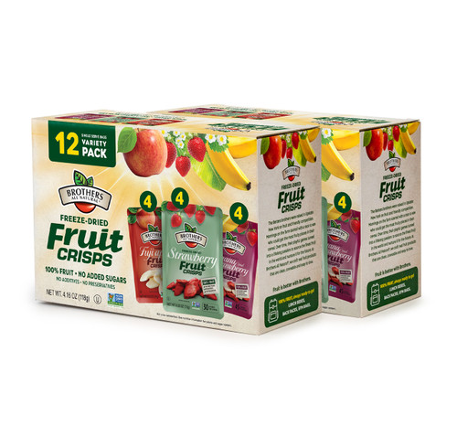 Freeze Dried Fruit Crisps 24-pack with a variety of our most popular dried fruit snack flavors, including Strawberry, Fuji Apple and Strawberries and Bananas