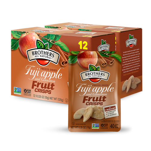 Freeze Dried Apple Cinnamon fruit snacks, made from 100% real fruit. Experience the crisp crunch of Fuji Apple with a dash of cinnamon.