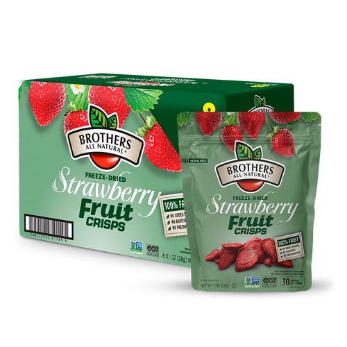 Freeze dried strawberries from Brothers All Natural, now available in 1oz resealable bags, the perfect snack for at home or on the go.