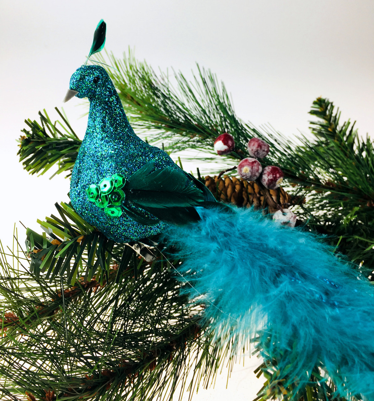Teal Blue Peacock Clip On Craft Birds - Christmas Tree Decorations (Set of  2)