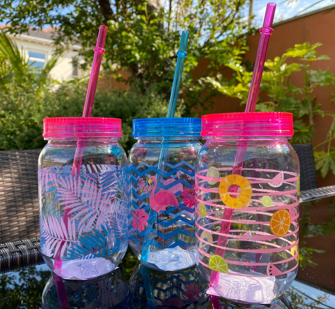 Set of 3 Plastic Drinking Cups Mason Jars With Lid And Straw  Flamingo,PalmSummer