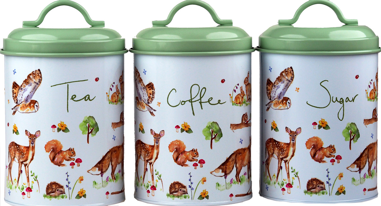 Set Of British Wildlife Design Metal Tea Coffee Sugar Canisters
