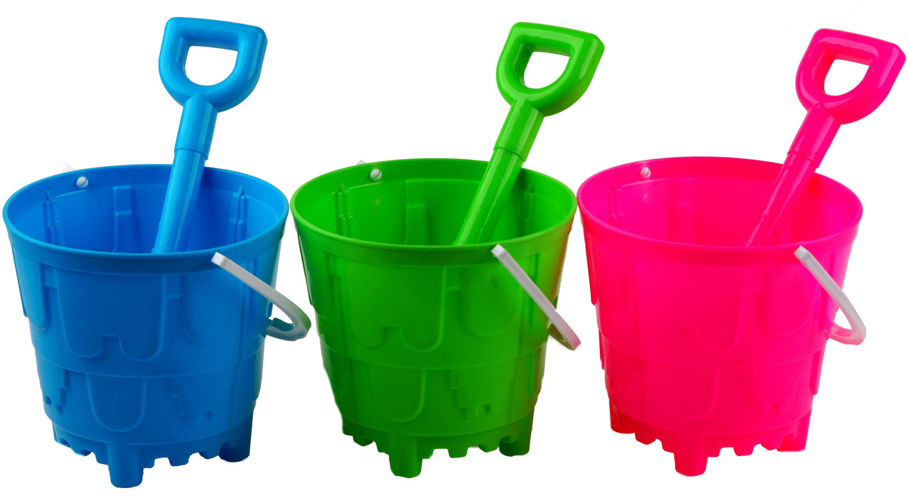 Sand Castle Round Bucket And Spade Beach Toys (Set of 3) Blue