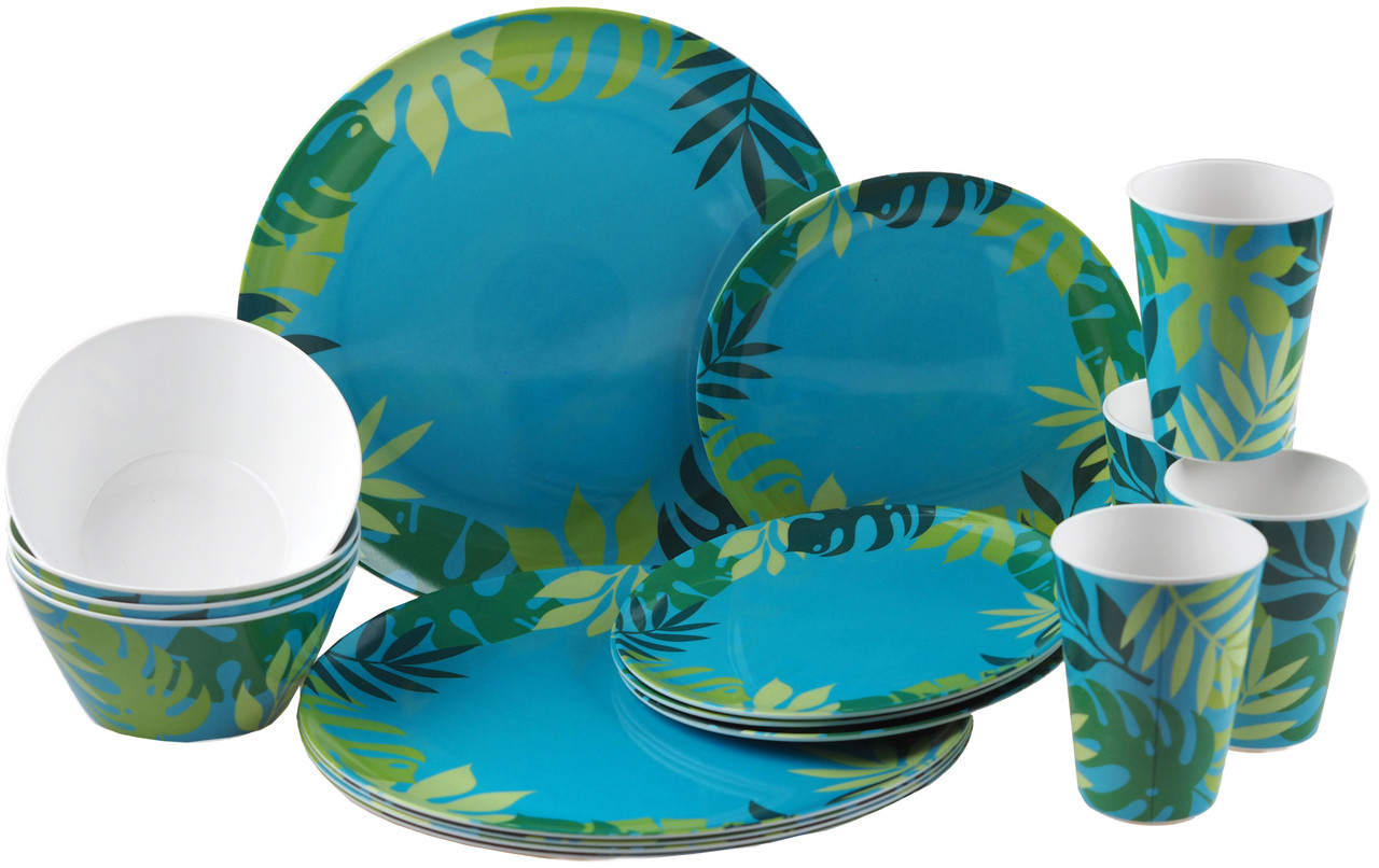 Melamine Plastic Dinner Set Blue Green Leaf Plate Cup Bowl (16