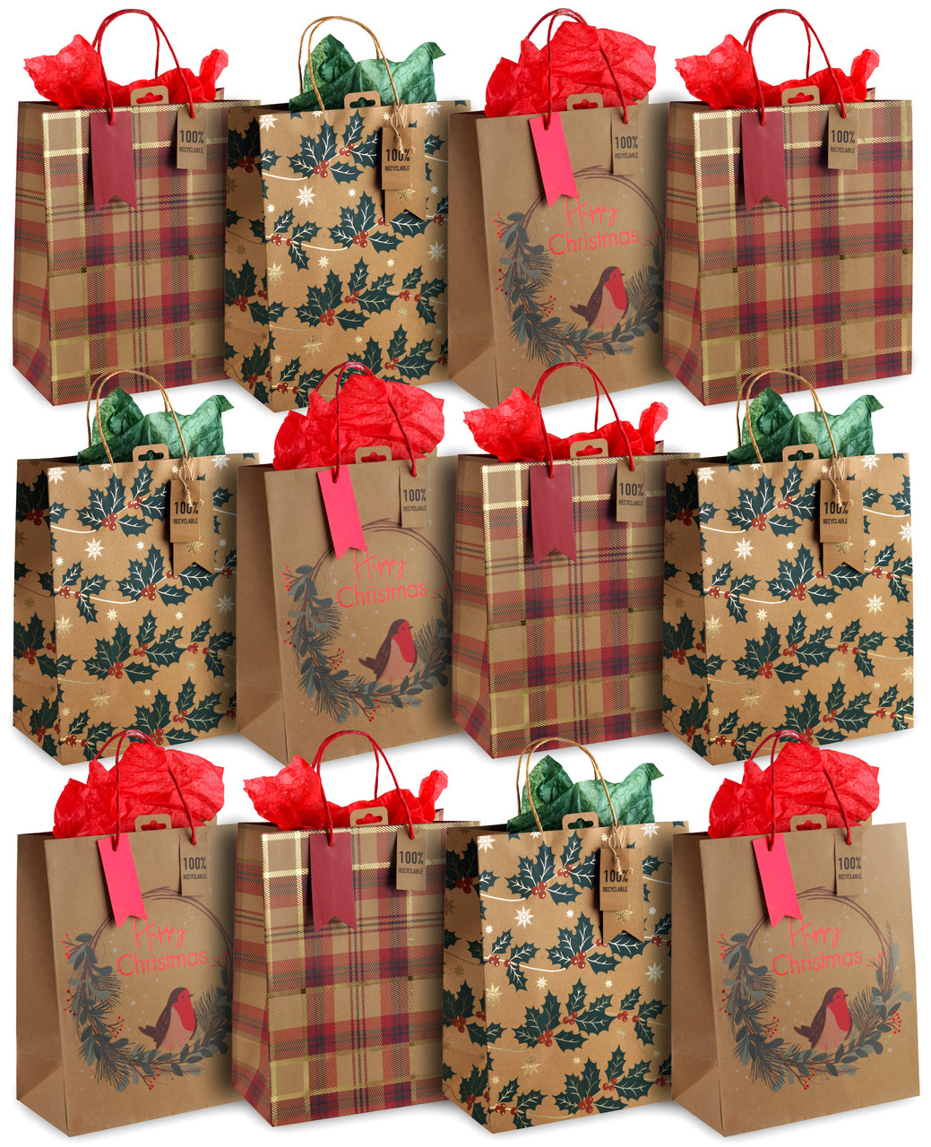 Eco Kraft Christmas Large Gift Bags (w/ Tissue Paper) Mixed