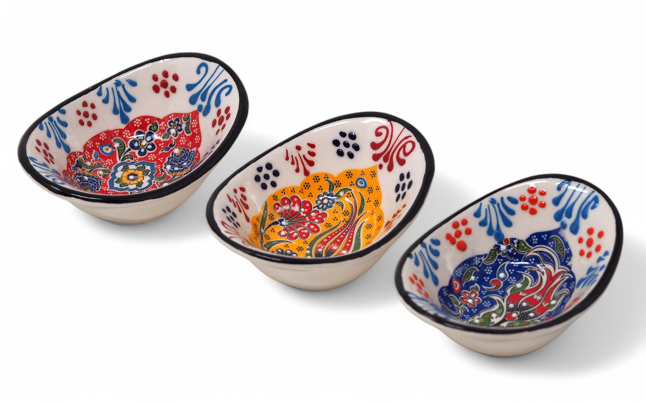 Curved Turkish Ceramic Tapas Bowls Hand Crafted Vibrant Dishes