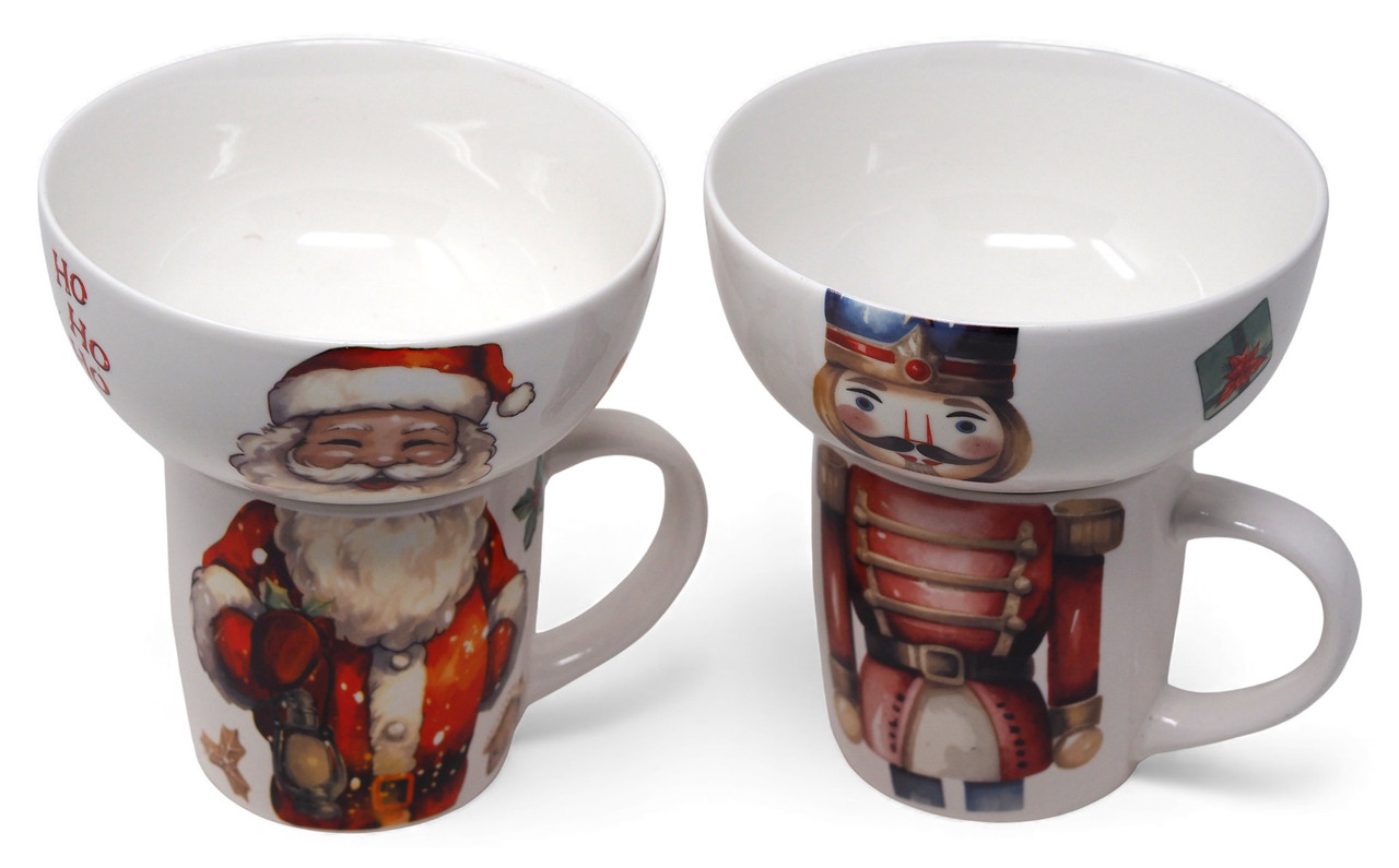 Christmas Santa and Nutcracker Stacking Ceramic Bowl and Mug Set