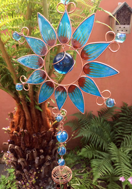 XL Aqua Blue Sunflower Sun Catcher Wind Chime - Hanging Home Garden Decoration