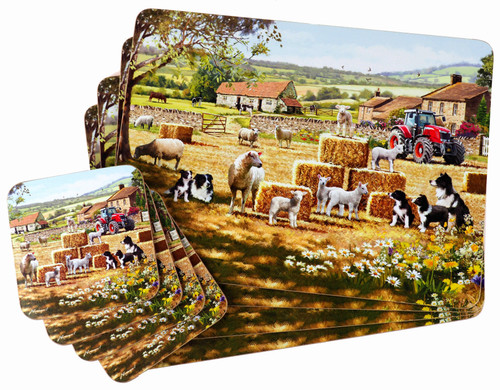 Set Of 4 Farm Collie Dog & Sheep Design Dinner Place Mats And Coasters