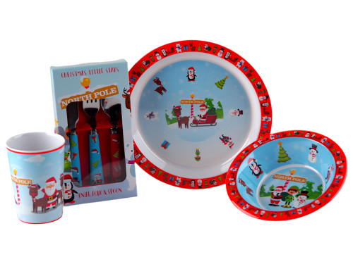 Christmas Santa 4 Piece Melamine Kid's Dinner Set - Plate, Bowl