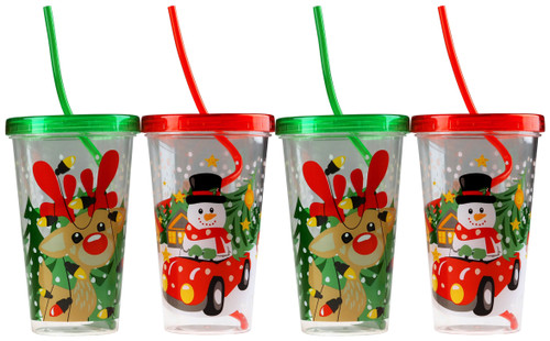 Set Of 4 Plastic Kid's Christmas Drinking Tumbler Cups - Lid And Swirl Spiral Straw