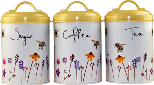 Set Of 3 Busy Bumble Bee Design Metal Tea Coffee Sugar Canisters