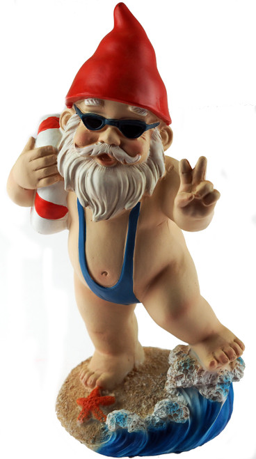 Large 21cm Funny Gnome Garden Ornament - Mankini / Life Ring Design