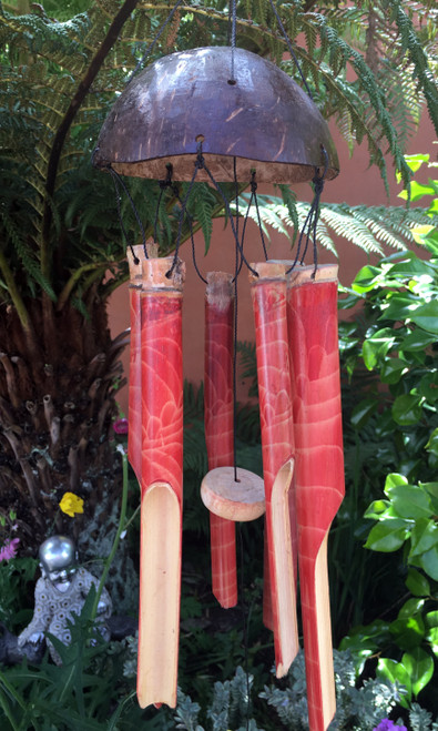 Large Handmade Fair Trade Coconut and Bamboo Wind Chime - Red Swirl