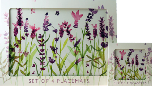 Set Of 4 Lavender Flowers Dinner Place Mats And Coasters