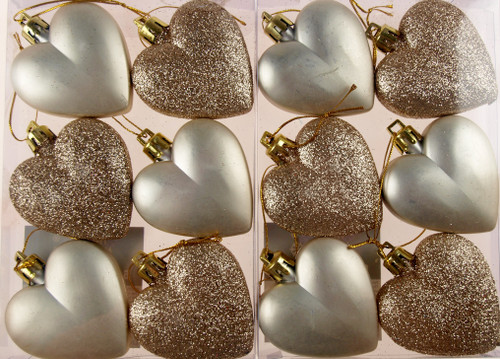 Set Of 12 Glitter Love Hearts Christmas Tree Baubles Decorations - Champagne Set Of 12 Glitter Love Hearts Christmas Tree Baubles Decorations - Champagne