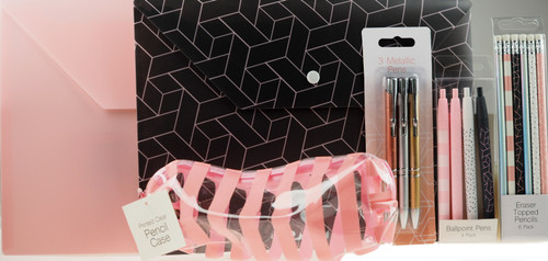 Girls 5 Piece Pink Grey Geometric School College Stationery Set