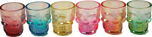 Set Of 6 Multi Colour Glass Skull Shot Glasses