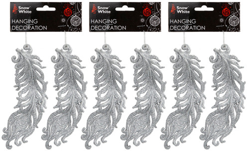 Set Of 6 Large Glitter Feathers Christmas Tree Baubles Decorations - Silver Set Of 6 Large Glitter Feathers Christmas Tree Baubles Decorations - Silver