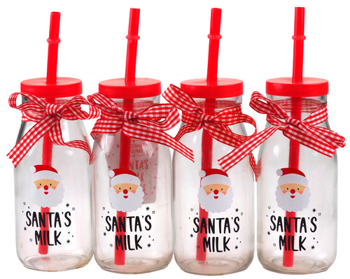 4 Christmas Novelty Santa Milk Drinking Glass / Bottle With lid And Straw 4 Christmas Novelty Santa Milk Drinking Glass / Bottle With lid And Straw