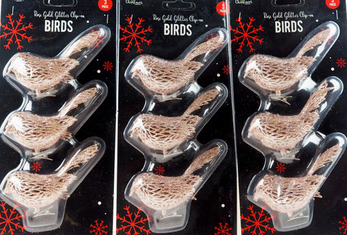 Set Of 9 Rose Gold Glitter Encrusted Clip On Birds Christmas Tree Decorations