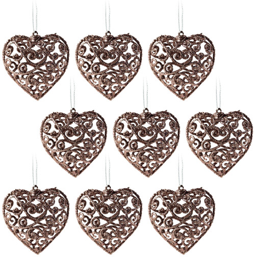 Set Of 9 Rose Gold Filigree Hearts Christmas Tree Baubles Decorations
