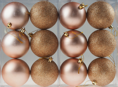 Set Of 12 Large 8cm Rose Gold Christmas Tree Baubles Decorations