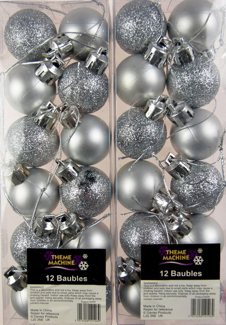 Set Of 24 Mini Christmas Silver Glitter Tree Baubles Decorations
