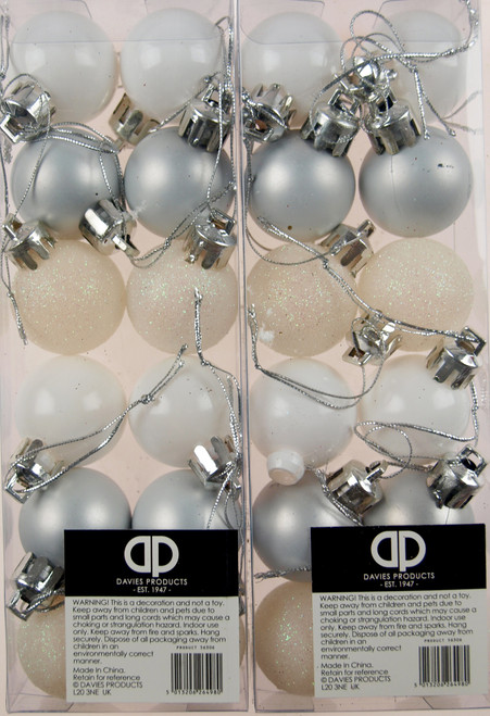 Set Of 24 Mini Christmas silver White Glitter Tree Baubles Decorations Set Of 24 Mini Christmas silver White Glitter Tree Baubles Decorations