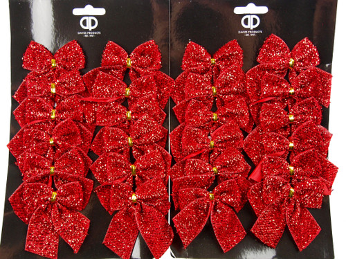 24 Mini Red Glitter Bows With Ties - Christmas Tree Decorations / Craft 24 Mini Red Glitter Bows With Ties - Christmas Tree Decorations / Craft