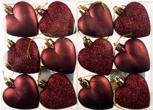 Set Of 12 x Love Heart Christmas Tree Baubles - Deep Mulled Wine Red