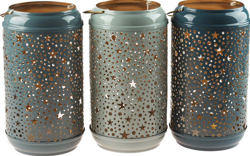 Set Of 3 Star Pattern 18cm Tea Light Lantern Ornaments - Dusky Blue, white, Navy