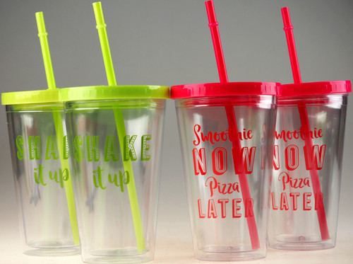 4 Plastic Transparent Drinking Tumbler Cups With Lid And Straw -  Lime / Pink
