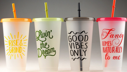 4 Plastic Reusable Eco Friendly Fun Slogan Cups With Lids And Reusable Straws 4 Plastic Reusable Eco Friendly Fun Slogan Cups With Lids And Reusable Straws