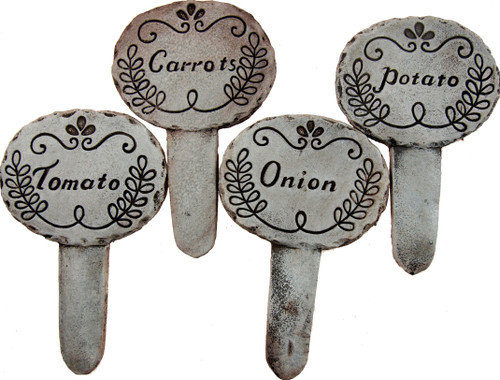 Set Of 4 Grey Herb Garden Plant Markers - Potato Onion Carrot Tomato