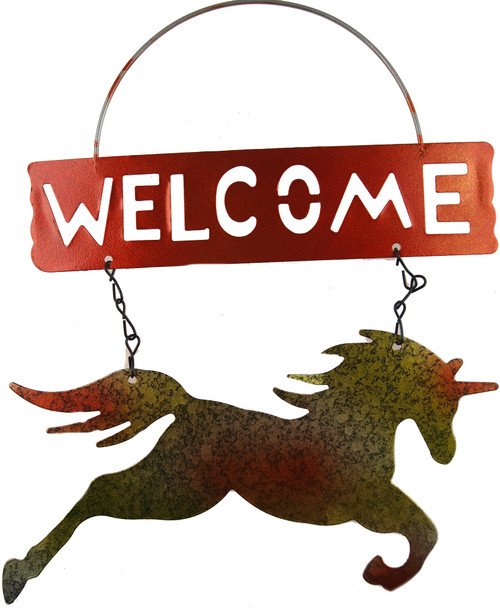 Welcome Pretty Garden Metallic Unicorn Tin Hanging Sign Plaque - Yellow